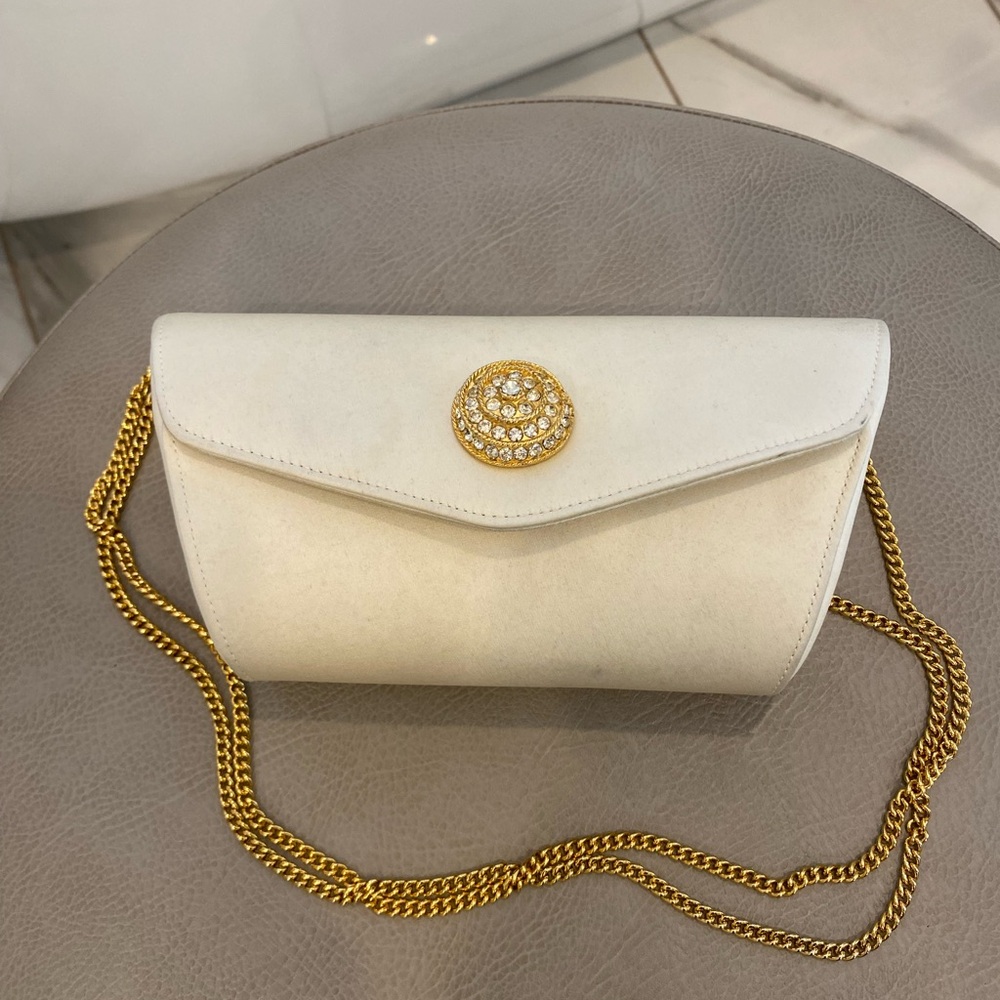 Y2K Carey Adina Satin Ivory Clutch Small Gold Chain Shoulder Evening Bag
